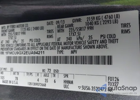 2014 Ford Escape Se from USA, damaged, VIN 1FMCU9GX2EUA94211